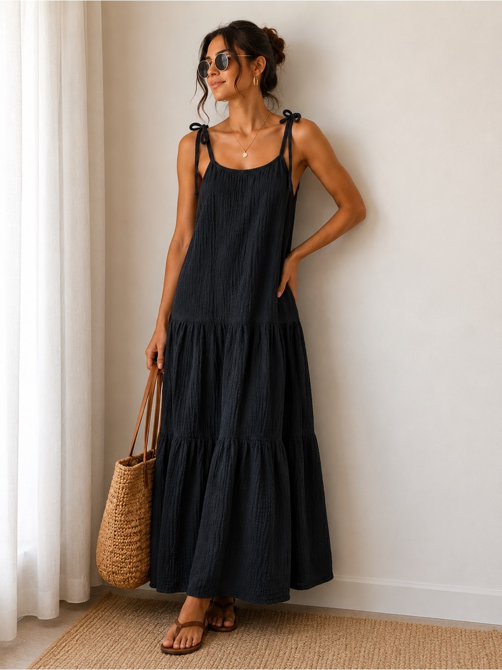 Bird & Knoll Black Cotton Gauze Tiered Maxi Dress Small Coastal Resort #116